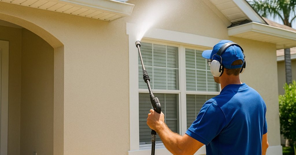 Pressure washing an Orlando home exterior before painting